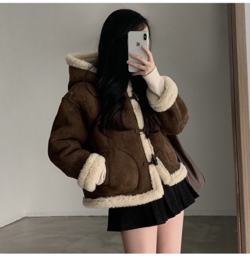 Korean all-match horn button fur all-in-one hooded jacket short thickened cotton coat