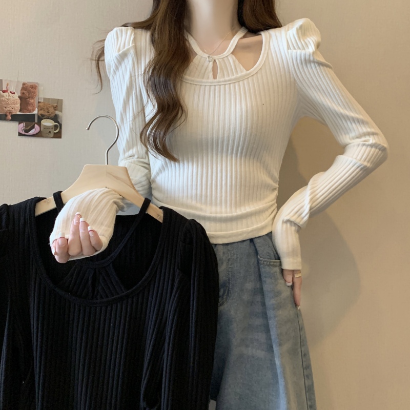 Plus size women's hollow halterneck slim long-sleeved T-shirt scheming knitted bottoming shirt fake two solid color tops