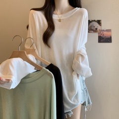 Plus size fat girl thin loose solid color sun protection t-shirt long sleeves slightly see-through mid-length anti-tank jazz blouse