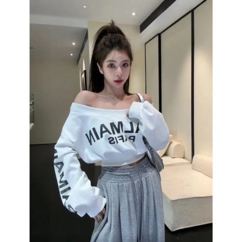 Pure Desire Sexy Sweet Hot Girl One Shoulder Long Sleeve Sweatshirt Women's Early Autumn Lazy Style Letter Printed Loose Short Top