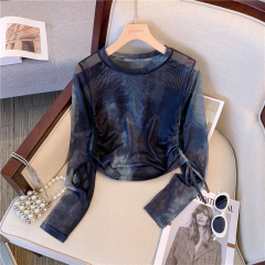 French long-sleeved tie-dye drawstring pleated sunscreen T-shirt for women summer mesh thin style design for niche hotties