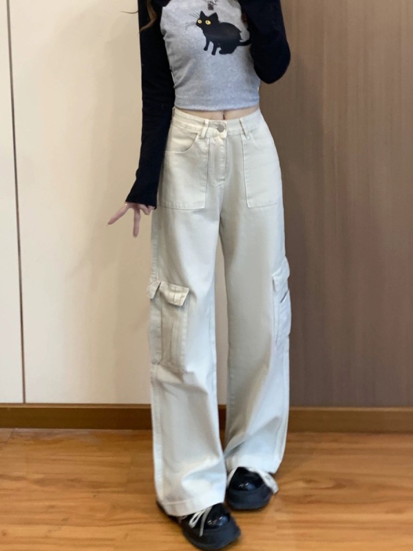 White work jeans for women, autumn and winter new Korean version, high-waisted, wide-leg pants for small people, straight-leg floor-length pants