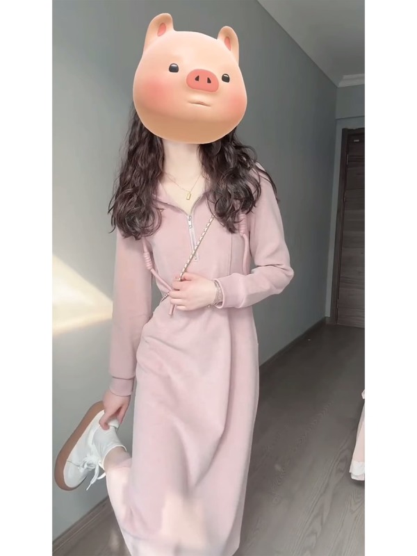 French drawstring hooded pink knitted dress for women 2024 new temperament slim sweatshirt mid-length skirt