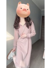 French drawstring hooded pink knitted dress for women 2024 new temperament slim sweatshirt mid-length skirt