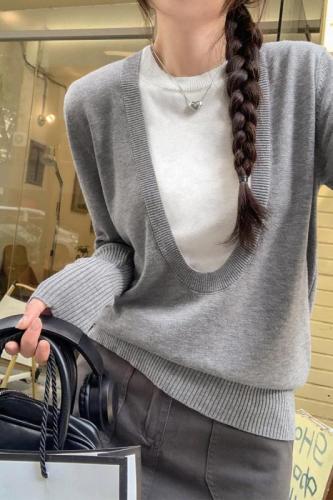 Real shot of Korean style college lazy style knitted bottoming shirt for women 2024 new fake two-piece fashionable tops