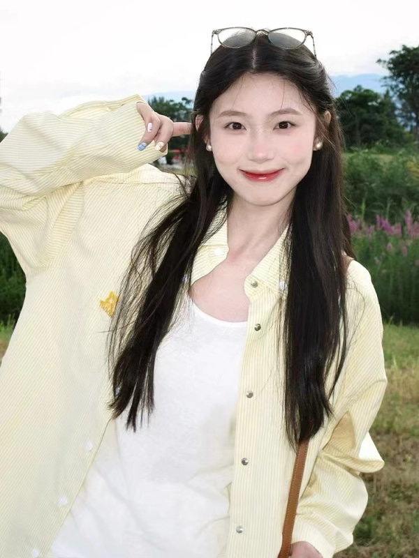 Korean lapel striped mid-length loose long-sleeved shirt cardigan coat for women early autumn casual lazy style top
