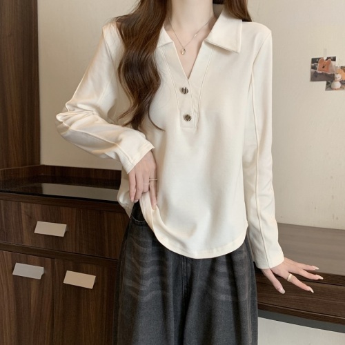 2024 Autumn Retro POLO Collar Waist Slimming T-shirt Fat Girl Casual Long Sleeve Top
