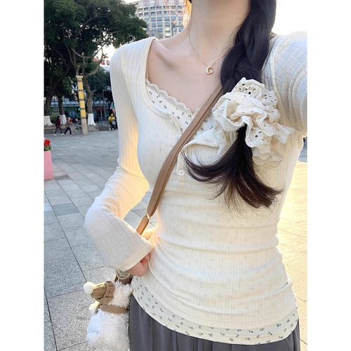 White lace floral inner bottoming sweater autumn and winter slim fake two-piece long-sleeved T-shirt women's top