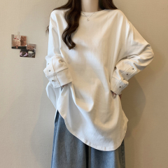 New loose fit buttoned round neck mid-length T-shirt for women large size versatile casual top