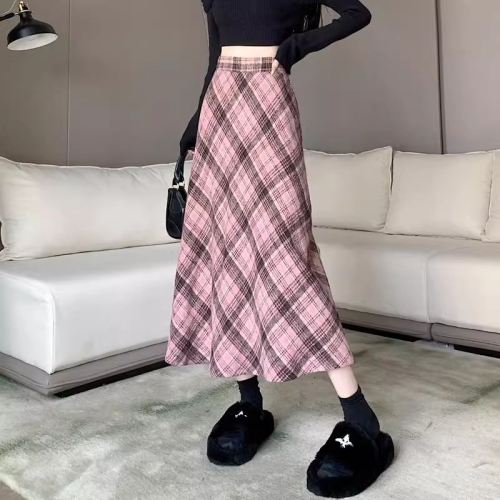 Pink plaid umbrella skirt skirt for women autumn and winter 2024 new high-waisted a-line slimming large hem drape mid-length skirt