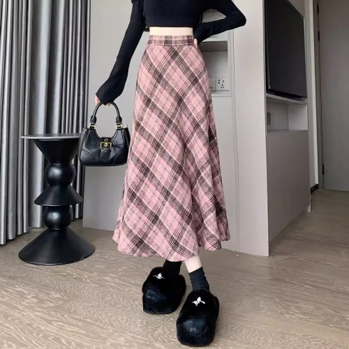 Pink plaid umbrella skirt skirt for women autumn and winter 2024 new high-waisted a-line slimming large hem drape mid-length skirt