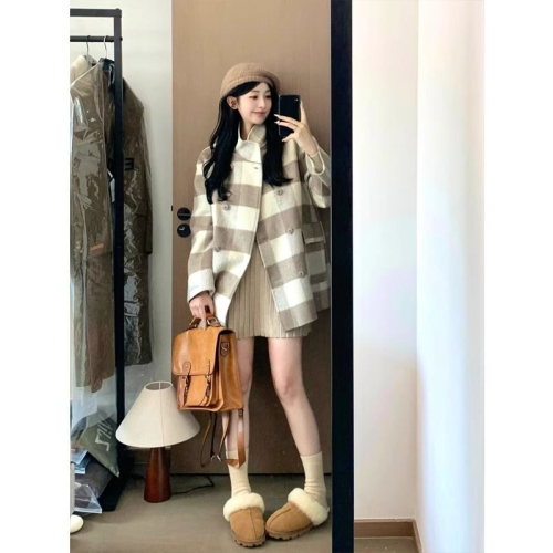 Korean winter tartan coat for women, new woolen coat, high-end, small, mid-length, loose style