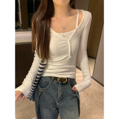 Real shot of autumn and winter Korean style v-neck temperament irregular button slim fake two-piece long-sleeved T-shirt with inner top