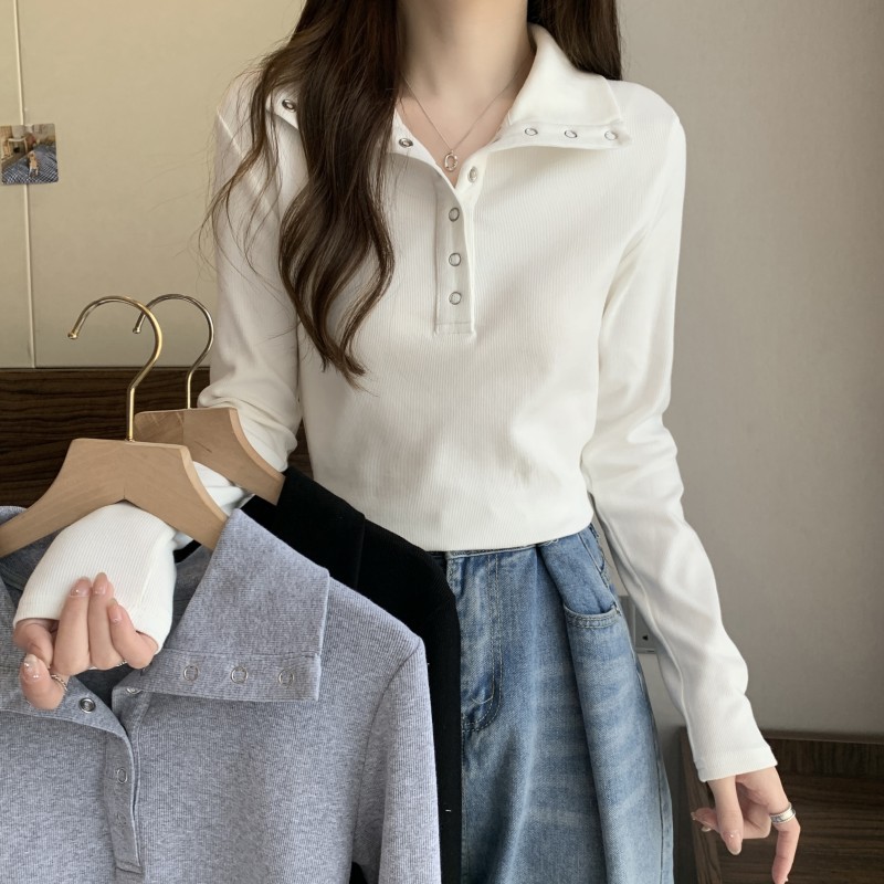 Large size design button lapel long-sleeved T-shirt women's autumn and winter fashionable bottoming shirt T-shirt top trendy