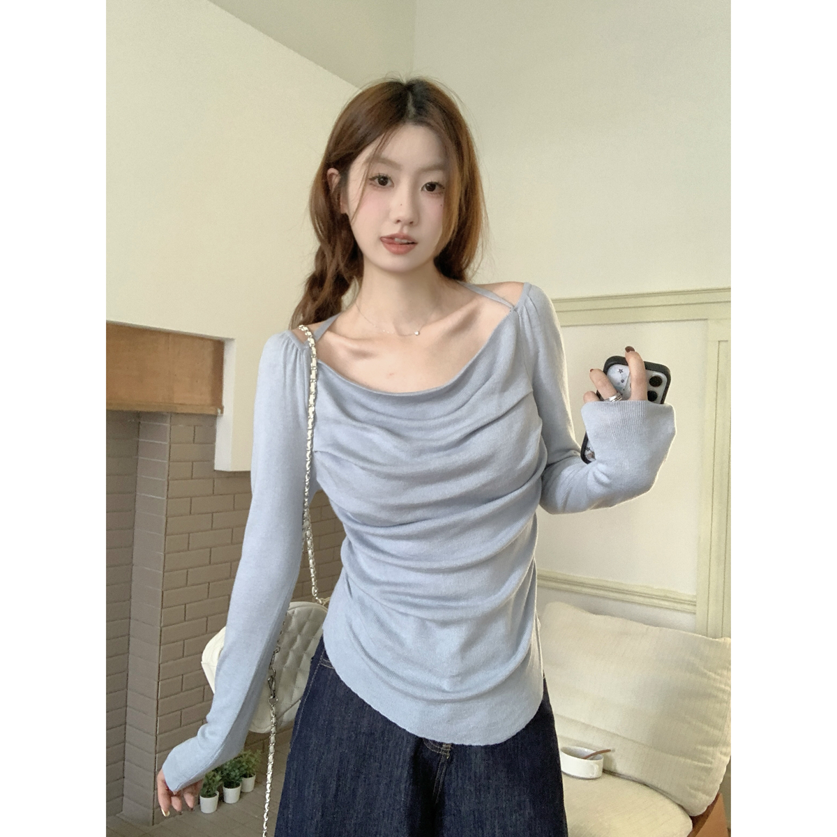 Actual shot of autumn and winter Korean style pure desire swing collar halter neck pleated slimming 6 wool knitted bottoming shirt long-sleeved top