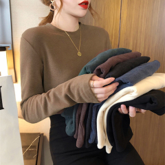 DeRong T-shirt for women in autumn and winter, unique and chic top, white long-sleeved T-shirt with warm base layer underneath