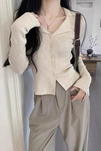 polo lapel knitted cardigan women's thin autumn new inner layering shirt slim and slim long sleeves