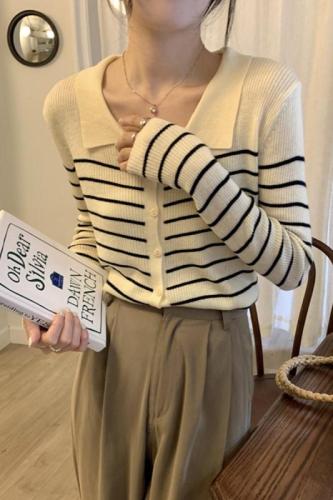 Autumn and winter Korean style retro polo collar striped 6 wool temperament knitted cardigan sweater for women