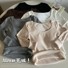 秋季韓版方領打底衫長袖保暖德絨磨毛加絨加厚秋冬打底衫