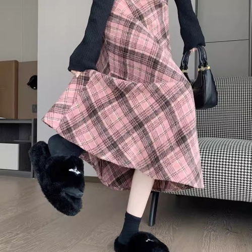 Pink plaid umbrella skirt skirt for women autumn and winter 2024 new high-waisted a-line slimming large hem drape mid-length skirt