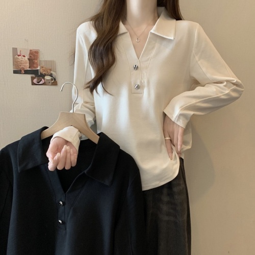 2024 Autumn Retro POLO Collar Waist Slimming T-shirt Fat Girl Casual Long Sleeve Top