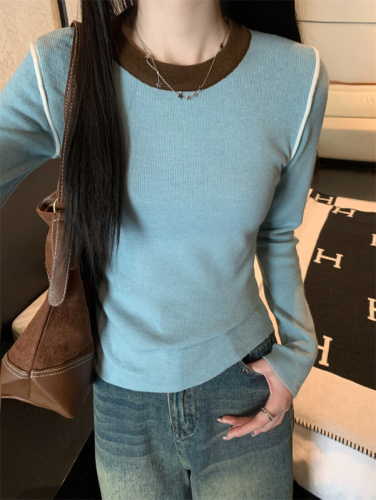 Real shot of soft, waxy, slimming and versatile basic T women's contrasting color round neck long-sleeved knitted bottoming shirt