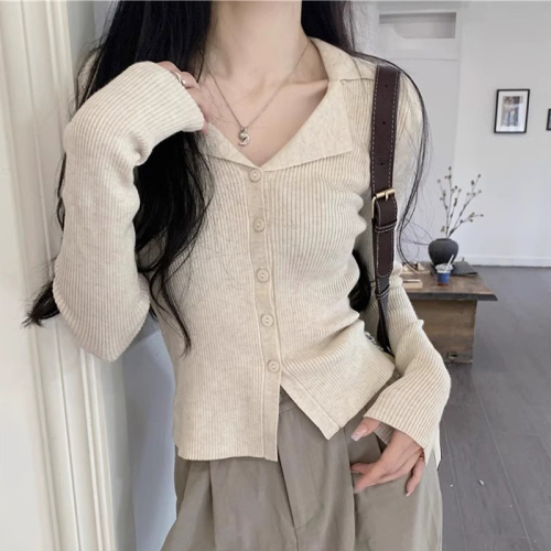 polo lapel knitted cardigan women's thin autumn new inner layering shirt slim and slim long sleeves