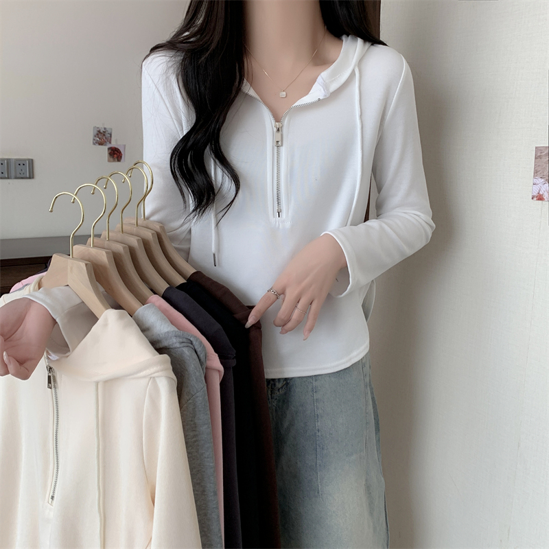 Large size non-falling velvet 7 colors plus velvet warm hooded long-sleeved T-shirt women's half-zip top