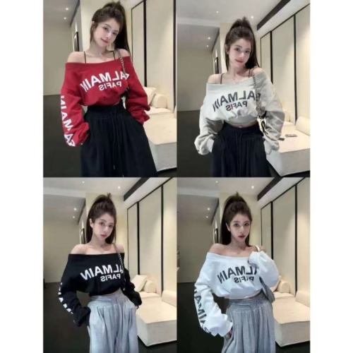 Pure Desire Sexy Sweet Hot Girl One Shoulder Long Sleeve Sweatshirt Women's Early Autumn Lazy Style Letter Printed Loose Short Top