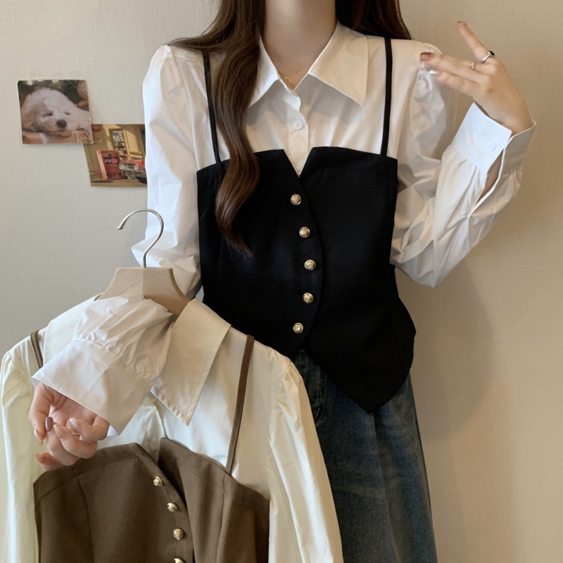 Fat girl plus size autumn and winter French shirt collar niche top loose slimming contrast color long sleeve fake two pieces