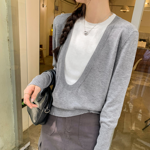 Real shot of Korean style college lazy style knitted bottoming shirt for women 2024 new fake two-piece fashionable tops