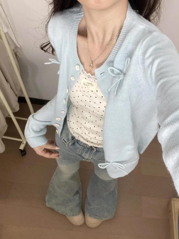 College-style long-sleeved sweater for women in early autumn slim-fitting top with round neck bow short knitted cardigan