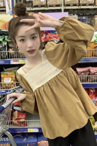 Real shot French retro linen cotton edge top women's autumn design baby doll sweet long-sleeved shirt