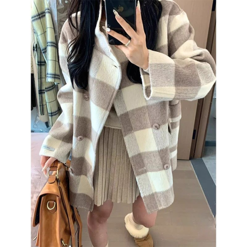 Korean winter tartan coat for women, new woolen coat, high-end, small, mid-length, loose style