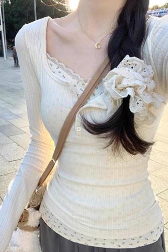 White lace floral inner bottoming sweater autumn and winter slim fake two-piece long-sleeved T-shirt women's top