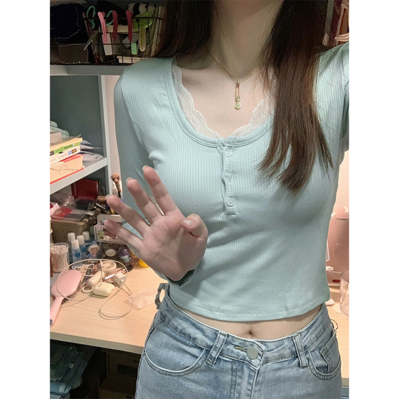 Gentle and pure lusty style, light blue unique top, super pretty lace splicing hot girl wears knitted sweater underneath