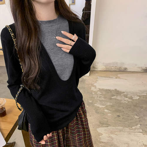 Real shot of Korean style college lazy style knitted bottoming shirt for women 2024 new fake two-piece fashionable tops