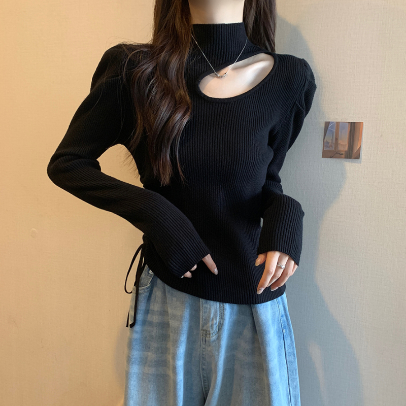 Autumn and winter large size personalized slimming bottoming sweater for women with fat mm, careful machine drawstring single top