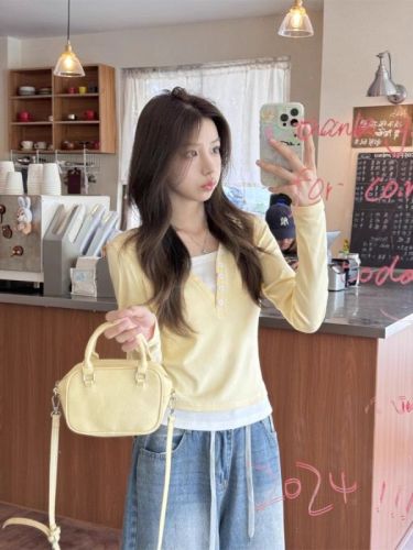 Pure cotton bright yellow fake two-piece long-sleeved T-shirt for women early autumn slim unique and chic short top