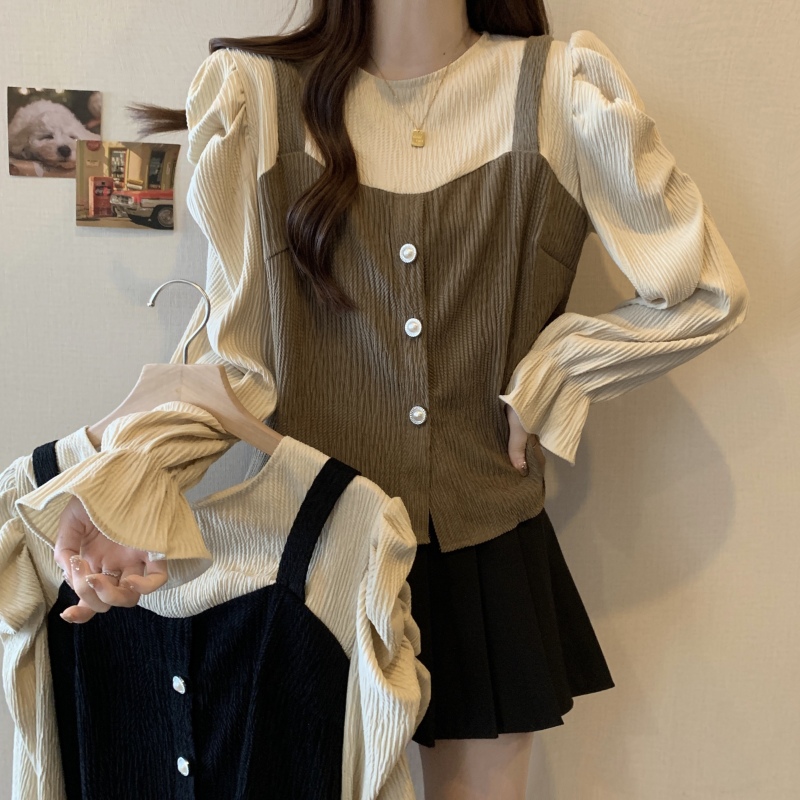 Plus size women's 2024 autumn new fake two-piece tops fat mm foreign style puff sleeves versatile slim T-shirt