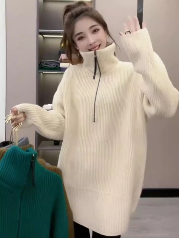High collar zipper thick sweater women's sweatshirt autumn and winter new pit strip mid-length lazy style loose sweater top