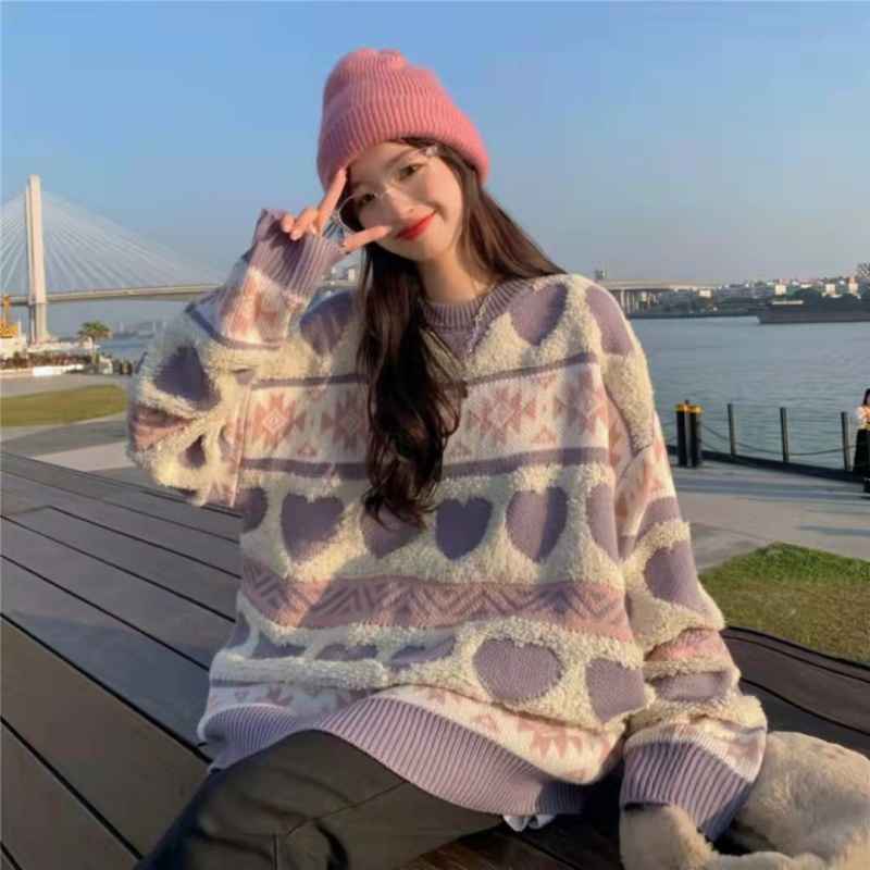 Original quality retro new love pullover sweater for women loose lazy style thickened outer sweater top