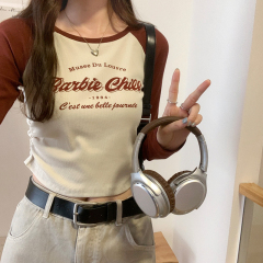 American retro slim-fitting bottoming shirt for women in autumn new color matching inner short T-shirt for small people