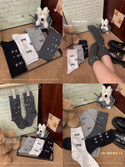 實拍  小眾設計韓系格子蝴蝶結珍珠中筒襪
