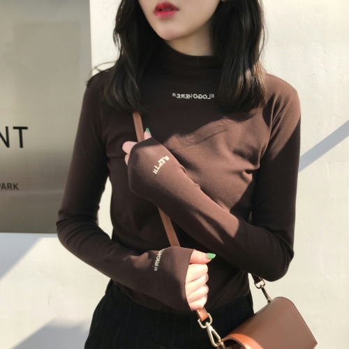 180g double grind autumn and winter half turtleneck bottoming shirt for women slim embroidered solid color long-sleeved T-shirt for students