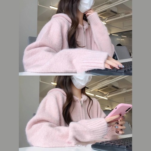New pink hooded sweater cardigan knitted top for women autumn and winter lazy style soft waxy thickened short coat