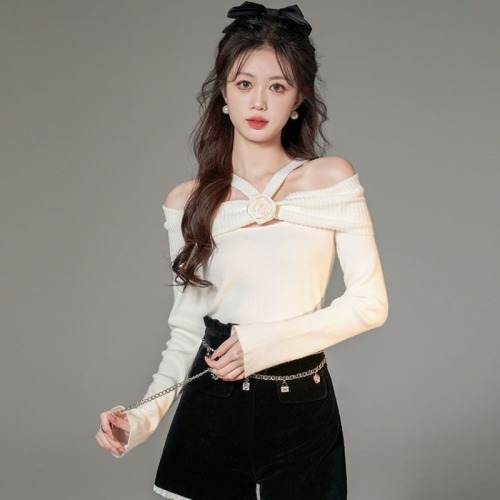 One-shoulder halter neck design knitted sweater autumn and winter new white slim off-shoulder sweater short bottoming top