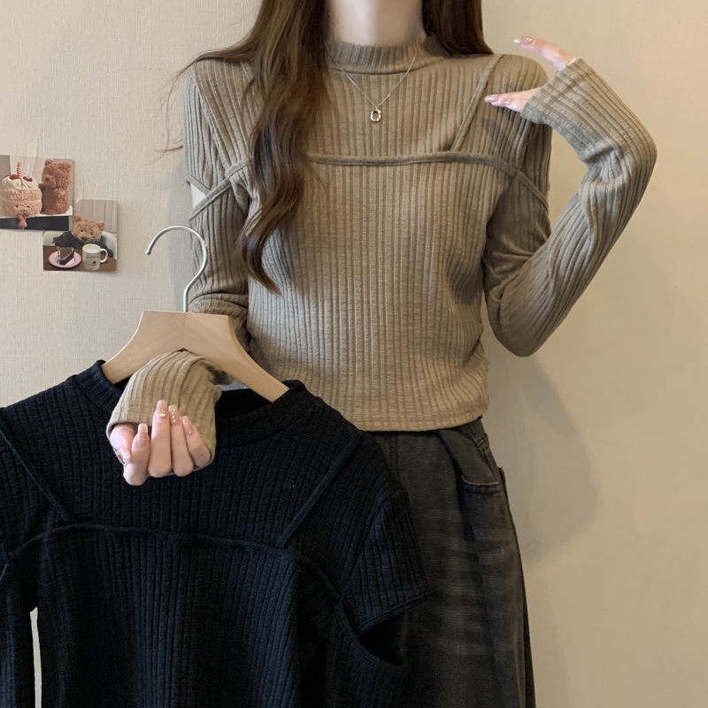 Large size slightly fat MM design hollow long-sleeved T-shirt women's new autumn pure desire slimming bottoming shirt top