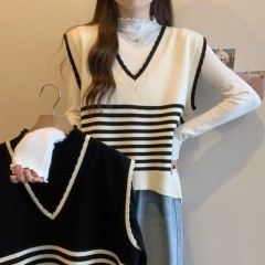 Plus size women's autumn V-neck striped knitted vest women's loose sleeveless layered outer top