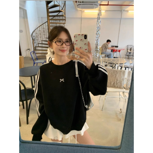 Bow embroidered black sweatshirt for women early autumn Korean style top